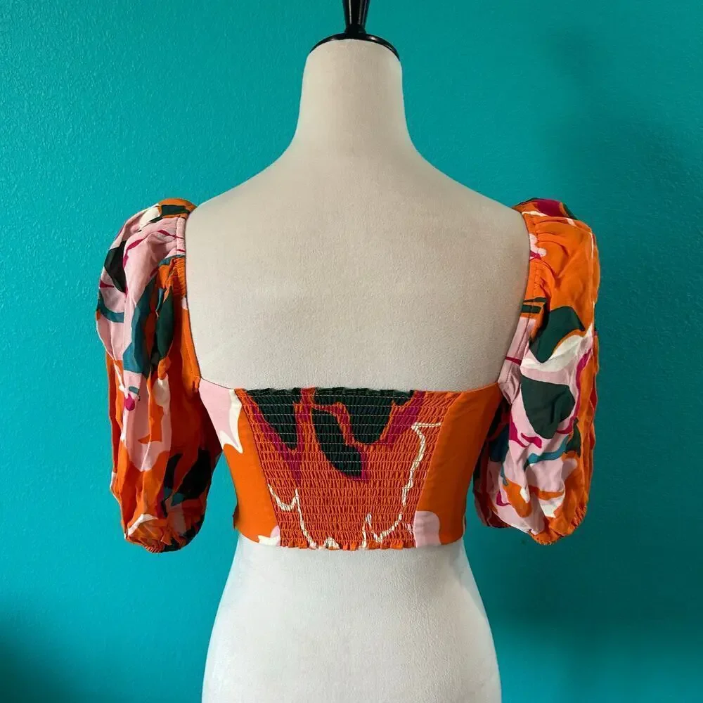 Reformation Orange Tropical Print Cropped Tank Puff Sleeve Beachy Womens Size 4